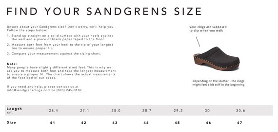 Sandgrens clogs best sale sizing