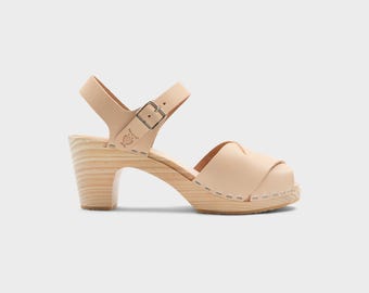 Wooden Sandals, Women Slide, High Heel Mules, Leather Clogs, Handmade, Ecru Beige Nubuck Leather, Aurora