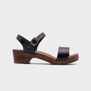 Wooden Sandals, Women Slide, Ankle Strap Sandals, Leather Clogs, Handmade, Black Vegetable Tanned Leather, Vienna Low