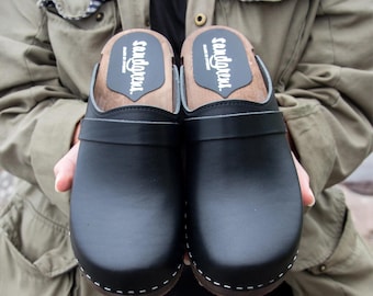 Clog Mules, Women Clogs, Wooden Clogs, Low Heel, Handmade, Sandgrens, Black Nubuck Leather, Tokyo