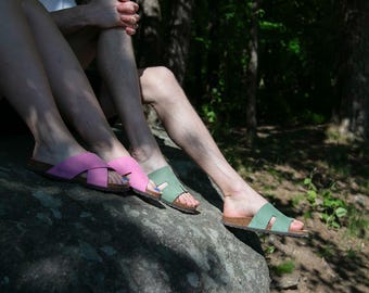 Cork Sandals, Summer Sandals, Mens Slide,Handmade, Original footbed, Sandgrens, Jade Green Nubuck Leather, Avila