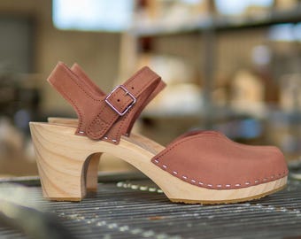 Wooden Sandals, Women Slide, High Heel Mules, Leather Clogs, Handmade, Blush Pink Nubuck Leather, Nora