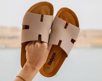 Cork Sandals, Women Slide, Summer Sandals, Handmade, Cushioned footbed, Sandgrens, Sandstone Beige Nubuck Leather, Avila