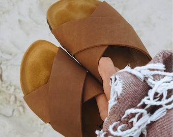 Cork Sandals, Women Slide, Summer Sandals, Handmade, Cushioned footbed, Sandgrens, Hazel Brown Nubuck Leather, Soria