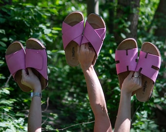 Cork Sandals, Summer Sandals, Mens Slide, Handmade, Original footbed, Sandgrens, Magenta Pink Nubuck Leather, Soria