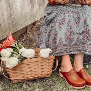 Clog Mules, Women Clogs, Wooden Clogs, Low Heel, Handmade, Sandgrens, Cognac red Vegetable Tanned Leather, Tokyo
