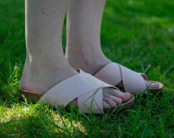 Cork Sandals, Summer Sandals, Mens Slide, Handmade, Original footbed, Sandgrens, Pale Pink Nubuck Leather, Soria