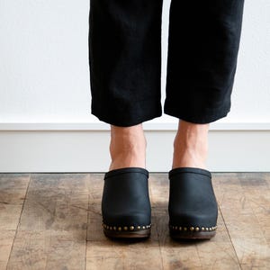 Clog Mules, Women Clogs, Wooden Clogs, High Heel Mules, Handmade, Sandgrens, Black Nubuck Leather, Rome