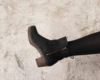 Womens Booties, Wooden Boots, Platform Shoes, Women Mule Clogs, Handmade, Sandgrens, Black Nubuck Leather, Manhattan