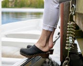 Mens Clogs, Clog Mules, Wooden Clogs, Men Leather Mules, Handmade, Sandgrens, Black Nubuck Leather, Bergen