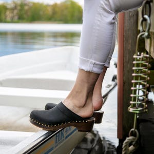Mens Clogs, Clog Mules, Wooden Clogs, Men Leather Mules, Handmade, Sandgrens, Black Nubuck Leather, Bergen