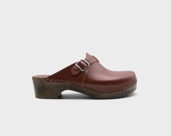 Mens Clogs, Clog Mules, Wooden Clogs, Men Leather Mules, Handmade, Sandgrens, Cognac Vegetable Tanned Leather, Halmstad