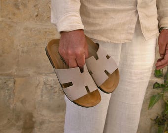 Cork Sandals, Summer Sandals, Mens Slide,  Handmade, Cushioned footbed, Sandgrens, Sandstone Beige Nubuck Leather, Avila