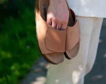 Cork Sandals, Women Slide, Summer Sandals, Handmade, Original footbed, Sandgrens, Light Terracotta Nubuck Leather, Vigo