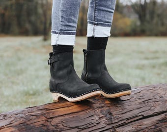 Womens Booties, Wooden Boots, Platform Shoes, Women Mule Clogs, Handmade, Sandgrens, Black Nubuck Leather, New York Low