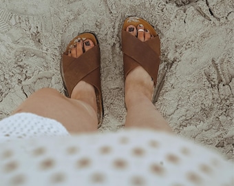 Cork Sandals, Summer Sandals, Mens Slide, Handmade, Cushioned footbed, Sandgrens, Hazel Brown Nubuck Leather, Soria