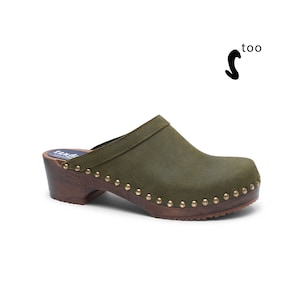 50% OFF Sandgrens Too / Swedish Wooden Clogs for Women / Sandgrens Clogs / Athens Mules / Women Low Heel Shoes / Leather Clogs / Olive