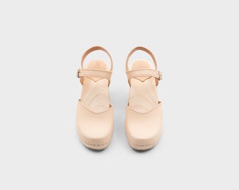 Wooden Sandals, Women Slide, High Heel Mules, Leather Clogs, Handmade, Ecru Beige Nubuck Leather, Nora