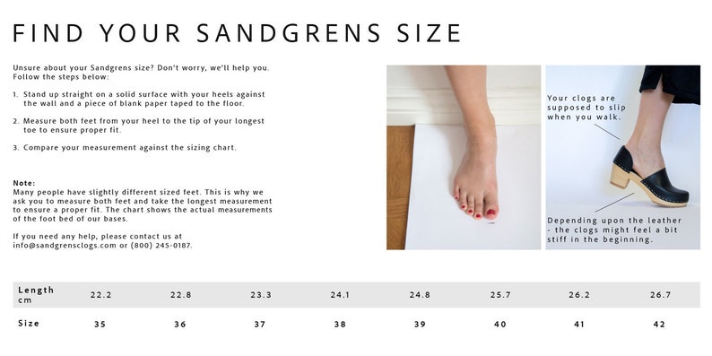 Op de afbeelding: Een tabel die laat zien hoe je je voeten moet meten voor Sandgrens klompen. De tabel toont de voetlengte in centimeters en de bijbehorende schoenmaten. De tabel bevat ook instructies over hoe je je voeten moet meten en opmerkingen dat klompen tijdens het lopen moeten glijden.
