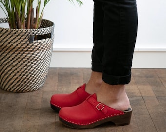 Mens Clogs, Clog Mules, Wooden Clogs, Men Leather Mules, Handmade, Sandgrens, Red  Nubuck Leather, Halmstad