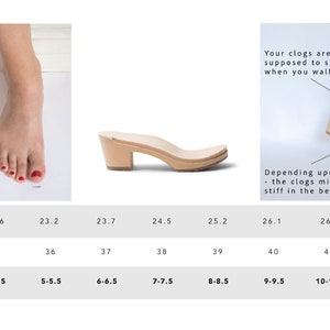 Puede incluir: Tabla de tallas para zuecos de mujer que muestra la talla de zapato estadounidense correspondiente, la talla del fabricante y la medida del tal&oacute;n a la punta en cent&iacute;metros. La tabla incluye tallas de 4-4,5 a 11-11,5.