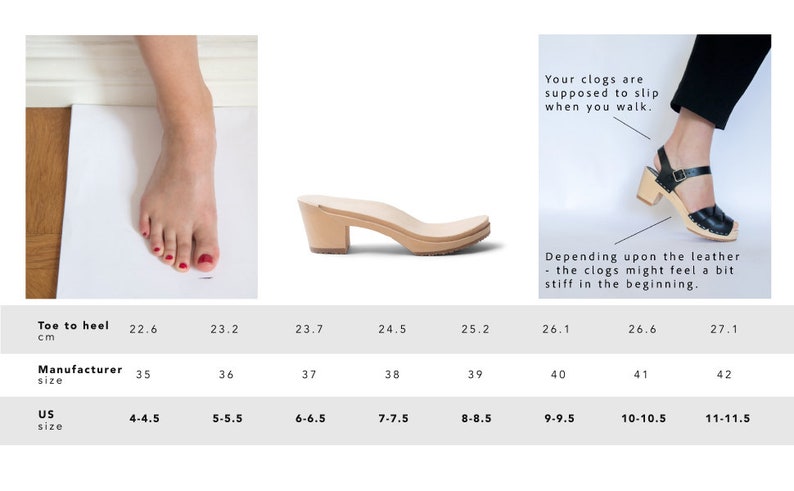 Puede incluir: Tabla de tallas para zuecos de mujer que muestra la talla de zapato estadounidense correspondiente, la talla del fabricante y la medida del tal&oacute;n a la punta en cent&iacute;metros. La tabla incluye tallas de 4-4,5 a 11-11,5.