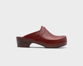 Mens Clogs, Clog Mules, Wooden Clogs, Men Leather Mules, Handmade, Sandgrens, Cognac Red  Vegetable Tanned Leather, Malmö