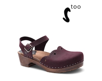 50% OFF Sandgrens Too / Swedish Wooden Clogs for Women / Sandgrens Clogs / Milan Sandal / Women Low Heel Shoes / Leather Clogs / Plum