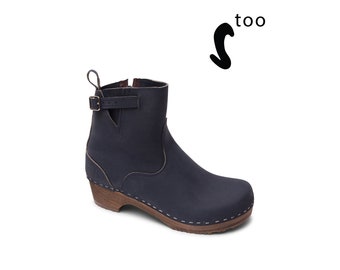 50% OFF Sandgrens Too / Swedish Wooden Boots for Women / Sandgrens Clogs / Manhattan Low Heel / Women Boots Clogs / Leather Boots / Navy