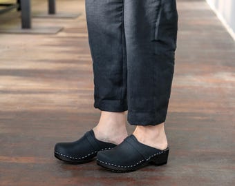 Clog Mules, Women Clogs, Wooden Clogs, Low Heel, Handmade, Sandgrens, Black Nubuck Leather, Tokyo