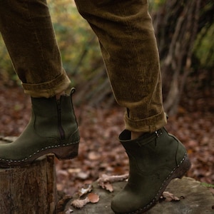 Womens Booties, Wooden Boots, Platform Shoes, Women Mule Clogs, Handmade, Sandgrens, Olive Green Nubuck Leather, Manhattan Low