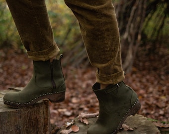 Womens Booties, Wooden Boots, Platform Shoes, Women Mule Clogs, Handmade, Sandgrens, Olive Green Nubuck Leather, Manhattan Low