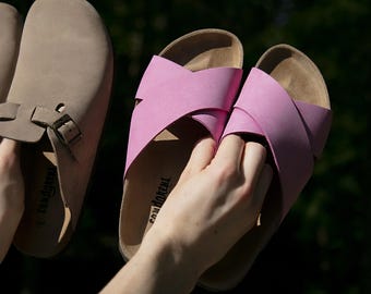 Cork Sandals, Women Slide, Summer Sandals, Handmade, Original footbed, Sandgrens, Magenta Pink Nubuck Leather, Soria
