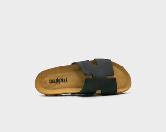 Cork Sandals, Women Slide, Summer Sandals, Handmade, Cushioned footbed, Sandgrens, Black Ember Nubuck Leather, Avila