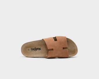 Cork Sandals, Women Slide, Summer Sandals, Handmade, Original footbed, Sandgrens, Light Terracotta Nubuck Leather, Avila