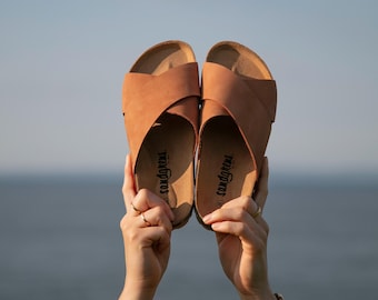 Cork Sandals, Summer Sandals, Mens Slide, Handmade, Original footbed, Sandgrens, Light Terracotta Nubuck Leather, Soria