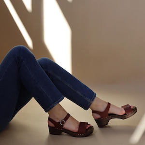 Wooden Sandals, Women Slide, Ankle Strap Sandals, Leather Clogs, Handmade, Cognac Red Vegetable Tanned Leather, Vienna Low