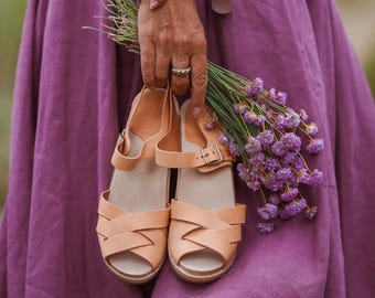 Wooden Sandals, Women Slide, High Heel Mules, Leather Clogs, Handmade, Ecru Beige Vegetable Tanned Leather, Rio Grande High