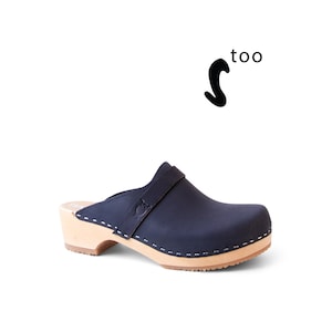 50% OFF Sandgrens Too / Swedish Wooden Clogs for Women / Sandgrens Clogs / Tokyo Mules / Women Low Heel Shoes / Leather Clogs / Navy EU 35