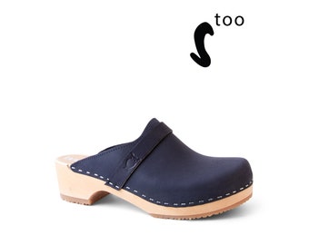 50% OFF Sandgrens Too / Swedish Wooden Clogs for Women / Sandgrens Clogs / Tokyo Mules / Women Low Heel Shoes / Leather Clogs / Navy EU 35