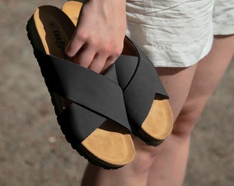 Cork Sandals, Women Slide, Summer Sandals, Handmade, Cushioned footbed, Sandgrens, Black Ember Nubuck Leather, Soria