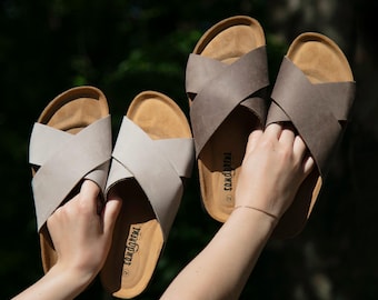 Cork Sandals, Women Slide, Summer Sandals, Handmade, Cushioned footbed, Sandgrens, Sandstone Beige Nubuck Leather, Soria