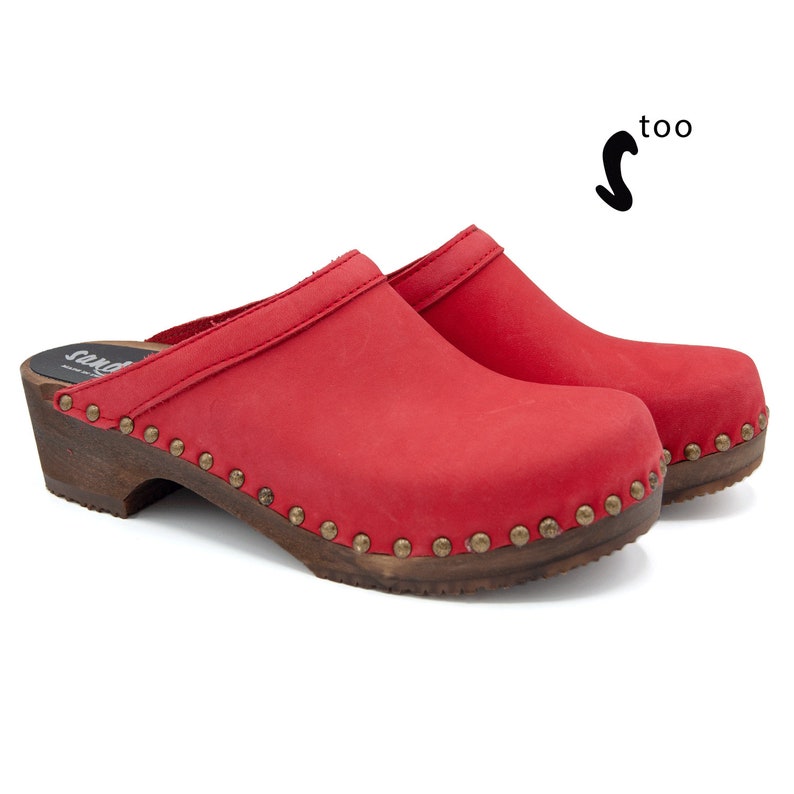 50/% OFF Sandgrens Too Swedish Wooden Clogs for Women Sandgrens Clogs Athens Mules Women Low Heel Shoes Leather Clogs Red