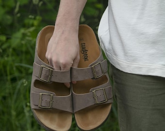 Cork Sandals, Women Slide, Summer Sandals, Handmade, Original footbed, Sandgrens, Walnut Brown Nubuck Leather, Costa