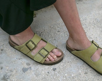 Cork Sandals, Women Slide, Summer Sandals, Handmade, Original footbed, Sandgrens, Sage Green Nubuck Leather, Costa