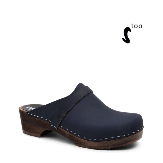 50% Off Sandgrens Too / Swedish Wooden Clogs for Men / Sandgrens Clogs / Malmö Mules / Mens Low Heel Shoes / Nubuck Leather Clogs / Navy