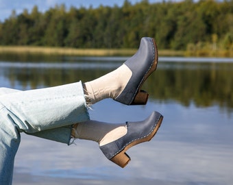 Swedish Wooden Clogs for Women / Sandgrens Clogs / Bridget Closed Back / Women High Heel Shoes / Nubuck Leather Clogs / Navy