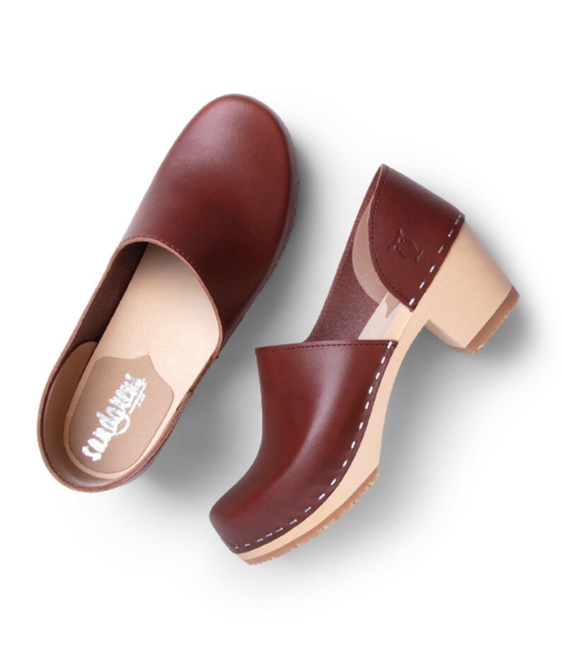 Swedish Wooden Clogs for Women Sandgrens Clogs Brett Closed Back Womens High Heel Shoes Vegetable Tanned Leather Clog