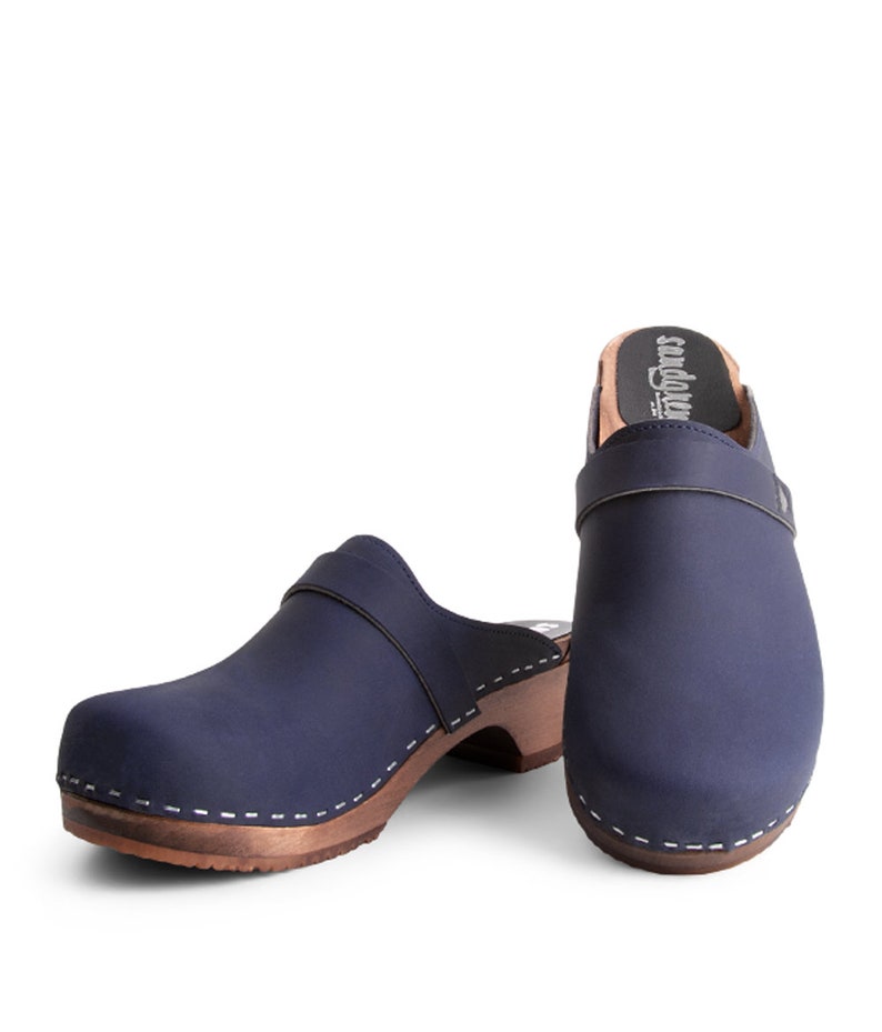 Swedish Wooden Clogs for Women Sandgrens Clogs Tokyo Mules Women Low Heel Shoes Nubuck Leather Clog Navy EU 35 to 45