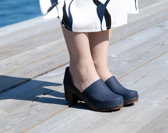 Closed Back Clogs, Women Clogs, Clog Shoes, Mule Shoes, Handmade, Sandgrens, Navy Blue Nubuck Leather, Brett